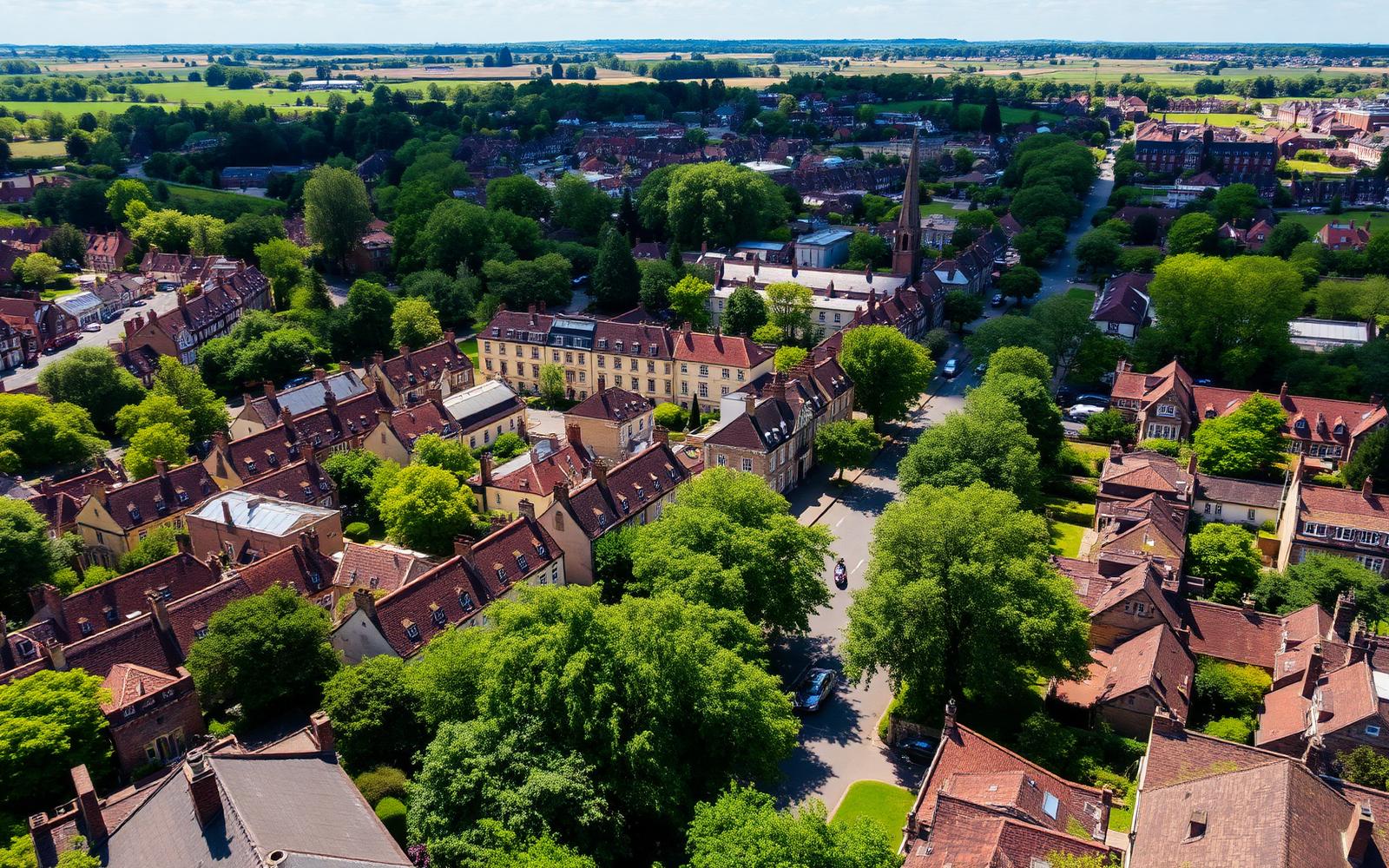 Aerial view of a picturesque English market town